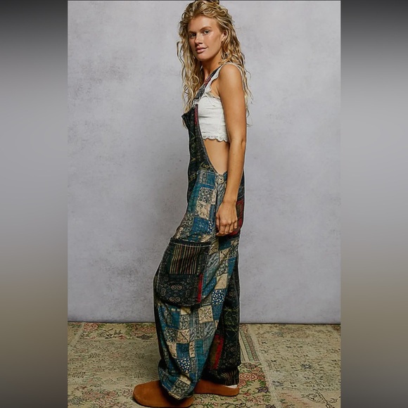 Boho Patchwork Wide-Leg Overalls - Multicolor - Picture 2 of 8
